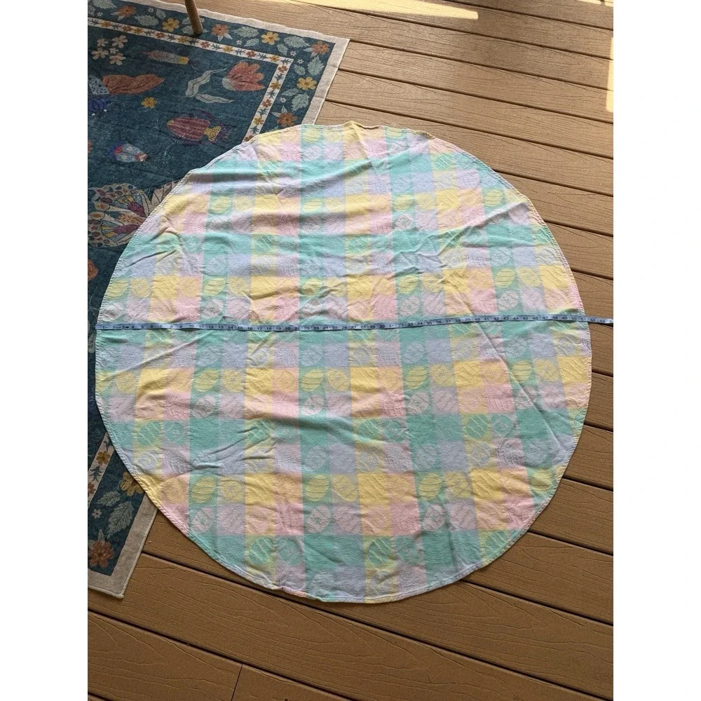 Vintage Easter Cotton Jacquard Pastel Plaid Tablecloth Round 52x54